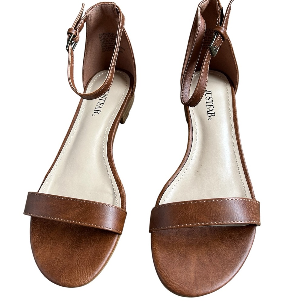 JustFab ‘Everyday Cool’ Ankle Strap Flat Sandals, Cognac